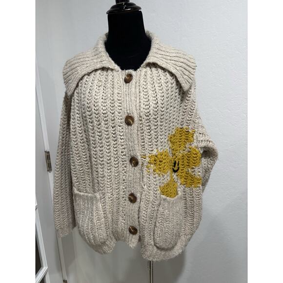 ANTHROPOLOGIE | PILCRO Cheerful Smiley Face Flower wool Cardigan Size 1X - Picture 3 of 8
